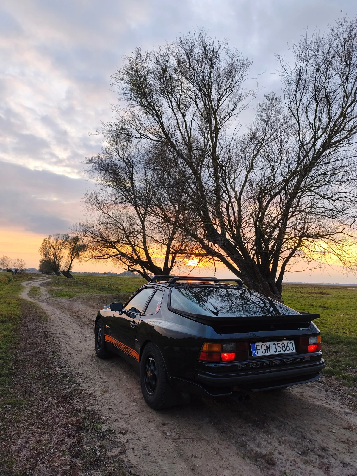 Der schwarze 944 von hinten unter einem Baum im orangefarbenen Abendlicht